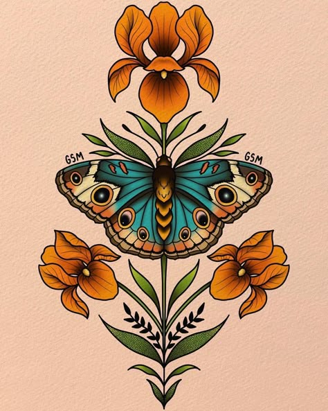 Traditional Style Back Tattoo Women, Traditional Style Tattoo For Women, Unique American Traditional Tattoo, Traditional Butterfly Tattoo, Wrist Tattoo Ideas, Traditional Tattoo Inspiration, Traditional Tattoo Flowers, Beauty Marks, Bug Tattoo