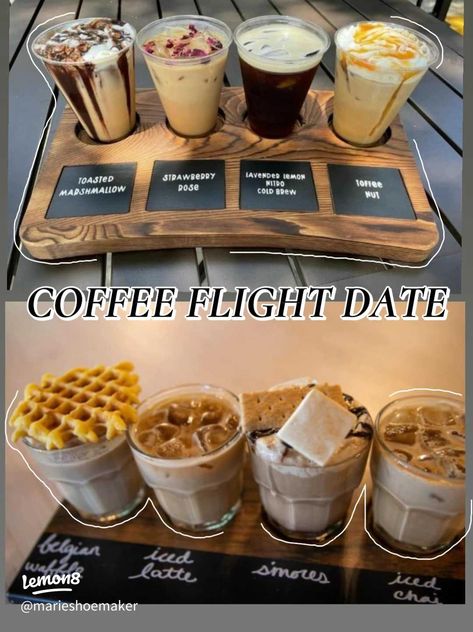 Coffee Flight Date: Hot or Cold? | Gallery posted by Marie Shoemaker | Lemon8 Diy Coffee Flight Board, Coffee Flights Diy, Coffee Flight Ideas, Coffee Flight Board, Coffee Shop Drink Ideas, Coffee Flights, Drink Flights, Chemistry 101, Iced Drinks Recipes