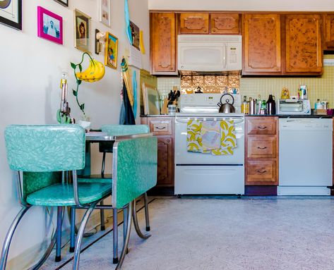 This Artist Bought Her Grandparents’ Condo—Here’s What She Kept (And What She Changed): gallery image 25 Dining Room With Storage, Mid Century Modern Glam, Modern Glam Decor, Blue Dining Room, Chicago Condo, Chicago Condos, Wassily Chair, She Changed, Tiny House Storage