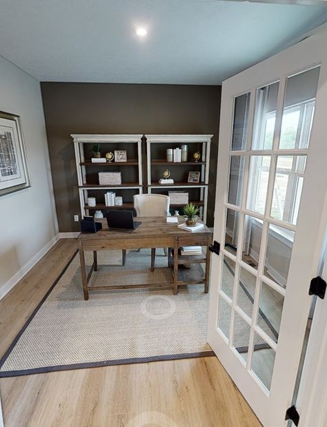 Dark Farmhouse Office, Home Office Flex Space, Flex Room Ideas Offices, Open Home Office, Home Office French Doors, Hypnotherapy Office, Front Room Office, Office French Doors, Office With French Doors