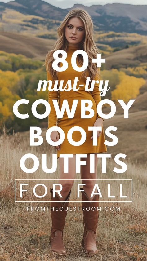 Concert Outfits With Cowgirl Boots, Gray Cowboy Boots Outfit, Leather Dress With Cowboy Boots, Cowgirl Brown Boots Outfit, Styling Cowboy Boots Women, Fall Western Outfits Women, Outfits With Cowboy Boots For Women, How To Style Cowgirl Boots, Casual Cowboy Boots Outfit