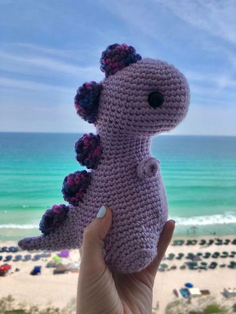 Crochet Purple Dinosaur, Cute Crochet Dinosaur, Crochet Projects Purple, Purple Crochet Animals, Purple Crochet Plushies, Crochet Ideas Purple, Purple Yarn Crochet Projects, Purple Crochet Ideas, Purple Crochet Projects