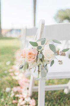 Wedding Ceremony Chair Decor, Ceremony Chair Decor, Pink Flowers Roses, Waterfront Wedding Ceremony, Wedding Ceremony Chairs, White Wedding Ceremony, Wedding Isles, Pink And White Weddings, Ceremony Chairs