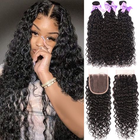 PRICES MAY VARY. 🎀Hair Material:The Hair of Unprocessed Virgin Brazilian Human Hair Water Wave Bundles With Closure is 100% Human Hair Cut From Young Donor.So the Water Wave Hair is Healthy,Soft,Shiny 🎀Hair Quality:Clean,Shiny,Soft,Smooth,Can Be Dyed,Bleached,Permed,Restyled As You Want 🎀Hair Bundles:4 Bundles Water Wave Hair,Double Machine Weft,No Shedding,No Tangle,100g Per Bundle,So THE LONGER,THE THINNER 🎀Lace Closure:Medium Brown Swiss Lace,4inchx4inch Free Part,30g-40g Per Piece 🎀Full Wet And Wavy Hair, Hair Water, 100 Human Hair Extensions, Bundles With Closure, Deep Curly, Head Hair, Bleached Hair, Hair Quality, Brazilian Human Hair