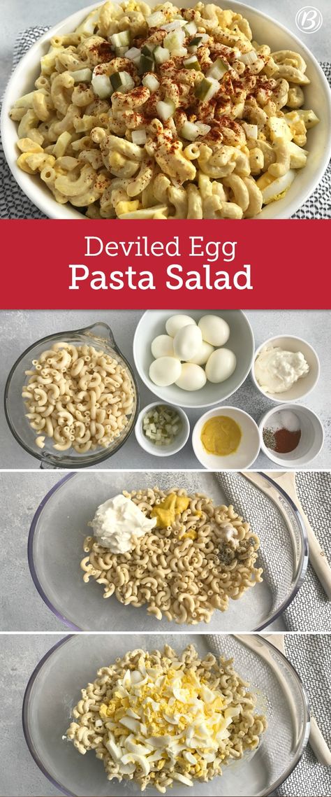 Deviled eggs take center stage in this pasta salad, perfect for holidays, picnics and potlucks. Make it a little easier by using hard-boiled eggs from the deli. This recipe will make you forget everything you thought you knew about pasta salad AND deviled eggs, get ready for a game-changer!! Deviled Egg Pasta Salad, Egg Pasta Salad, Sauce For Eggs, Egg Pasta, Deviled Egg, God Mat, Pasta Salad Recipes, Hard Boiled, Cheese Sauce