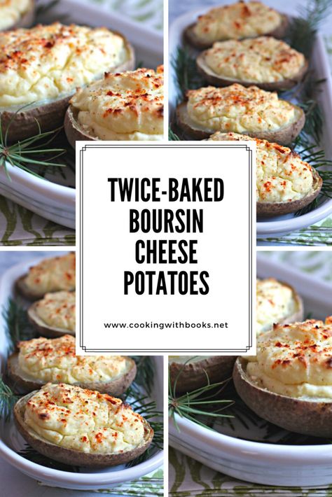 Twice-Baked Boursin Cheese Potatoes from Cooking with Books | These Twice-Baked Boursin Cheese Potatoes are a cheese-filled side dish that perfect for holiday parties and dinners. Plus, you can make them ahead of time – a great time saver! | twice baked potato recipe, boursin cheese recipe Twice Baked Potatoes With Boursin Cheese, Boursin Stuffed Pork Tenderloin, Boursin Potatoes, Boursin Cheese Recipe, Hogwarts Feast, Twice Baked Potato Recipe, Baked Boursin, Boursin Pasta, Boursin Cheese Recipes