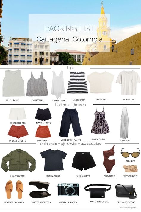 Traveling Light: Cartagena, Colombia Packing List | wayward Cartagena Travel Outfits, Medellin Packing List, Nicaragua Travel Outfits, Cartagena Packing List, Colombia Street Style, Bogota Colombia Outfits Women, Outfits For South America, South America Packing List, Outfits For Cartagena Colombia