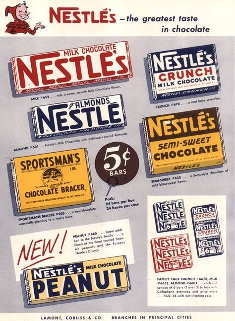 Vintage Nestle chocolate packaging — note how the logo today isn't that much different than this version and how they kept the red and white color motif. That said this original packaging had a charm that the current version lacks. Nestle Milk, Old School Candy, Milka Chocolate, Nestle Crunch, Nestle Chocolate, History Of Chocolate, Vintage Sweets, Almond Crunch, Chocolate Pack