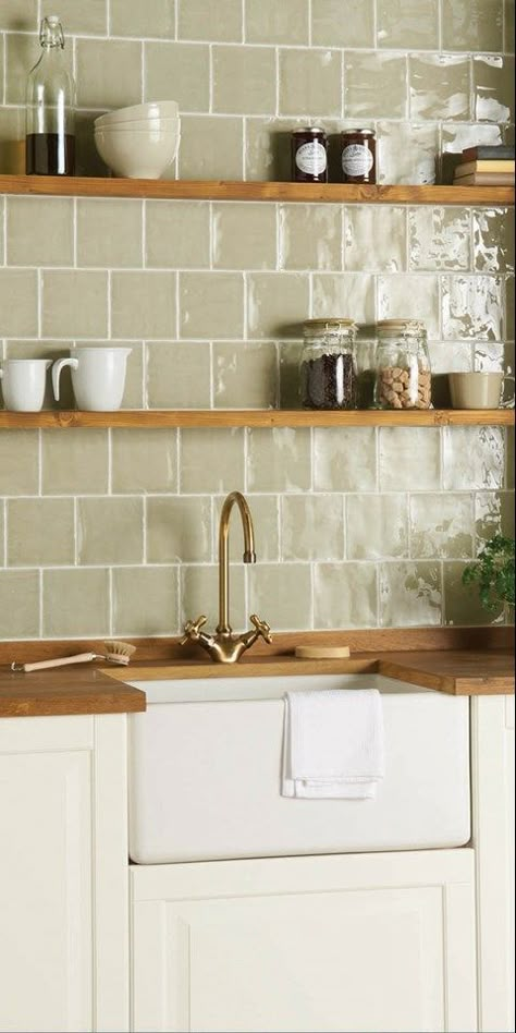 French Tile Kitchen, Kitchen With White Fridge, Kitchen Tiles Inspiration, Sage Tile Backsplash, Kitchen Design Natural Wood Cabinets, Checkered Backsplash Kitchen, Patterned Kitchen Tiles Backsplash Ideas, Apartment Friendly Accent Wall, Tan Tile Kitchen