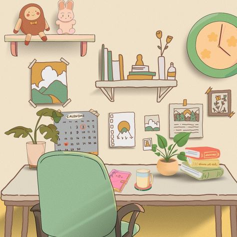 Study desk illustration created in canva by combining single elements. Study Desk Illustration, Notion Background, Cartoon Study, Botanical Reference, Desk Artwork, Desk Illustration, Study System, Desk Drawing, Office Drawing