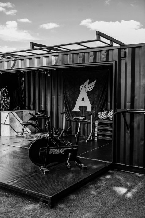 Shipping Container Gym, Container Gym, Garage Workbench Ideas, Container Patio, Auto Workshop, Contemporary Garage, Workbench Ideas, Backyard Gym, Backyard Garage