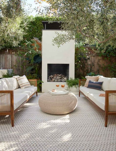 Patio Lounge Area, Salvador House, Scandinavian Patio, Evergreen House, Spring Greenery, Outdoor Sitting, Modern Outdoor Patio, Backyard Fireplace, Patio Rug