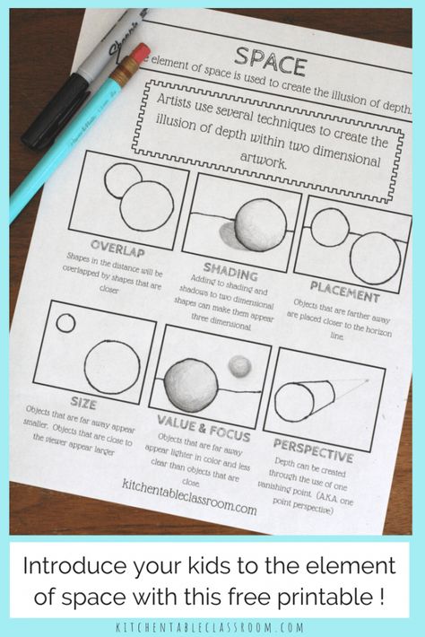 The element of space is a pretty special one.  It's the secret ingredient that makes art go from outlines to realistic. Here are some ways to create depth. Element Of Art Space Worksheet, Space Art Element Projects, Space In Art Element, Teaching Space In Art, Space In Art Element Of, Space Art Element, Space Element Of Art, Element Of Art Space, Space In Art