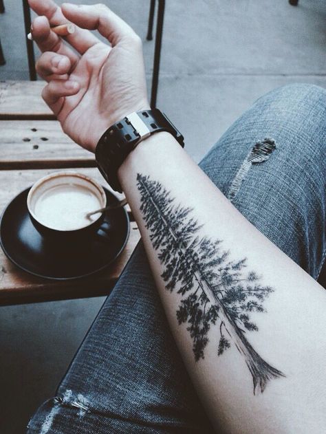 Nature Sleeve Tattoo, Tree Leg Tattoo, Tattoos Elbow, Arm Cuff Tattoo, Redwood Tattoo, Moutain Tattoos, Pnw Tattoo, Tree Tat, Tree Sleeve Tattoo