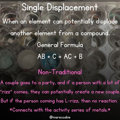 Teaching chemical reactions 🧪doesn’t have to be boring! 😃 I use a real world example of dating with a little bit of creativity and Gen Z language to help my students master the definitions of the four main types of chemical reactions. How do you make chemistry lessons engaging for your students? Drop your favourite strategies below or save this post for inspiration.💬 #chemicalreaction #highschool #chemistry #scienceteacher #teacher #engaging #lessons #studentcentered #learning Types Of Chemical Reactions, Chemistry Humor, Chemistry Lessons, Chemical Industry, Engaging Lessons, Chemical Reactions, Industrial Equipment, Wood Furniture Diy, Science Teacher