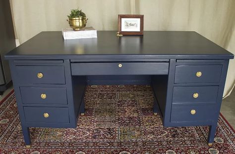 Desk Makeover in Navy Blue | Hometalk Navy Blue Desk, Blue Office Desk, Farmhouse Shelves Diy, Refinished Desk, Desk Makeover Diy, Basement Office, Virginia Vacation, Farmhouse Desk, Blue Desk