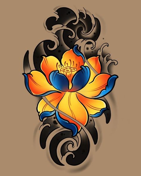 Lotus Neotraditional Tattoo, Japan Flower Tattoo, Flower Japanese Tattoo, Japanese Flower Tattoo Design, Japanese Flower Design, Neotraditional Tattoo Design, Tato Geisha, Tato Mandala, Koi Tattoo Design