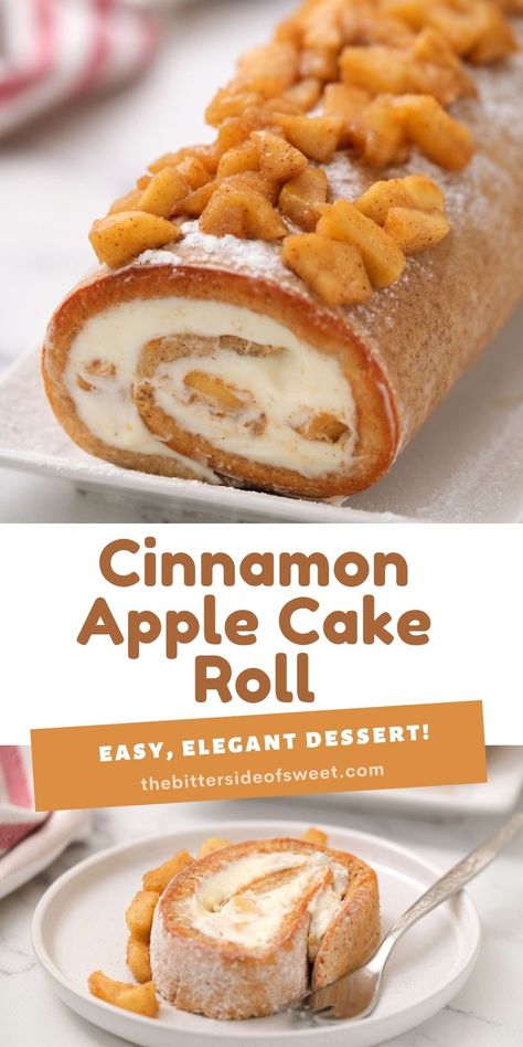 Easy Cinnamon Apple Cake Roll made with fresh apples, cinnamon and cream cheese icing. A flavorful cake with a creamy filling! | The Bitter Side of Sweet Apple Cake Roll, Apple Roll, Rolled Cakes, Log Cakes, Cinnamon Apple Cake, Swiss Rolls, Roll Cakes, Apples Cinnamon, Cake Rolls