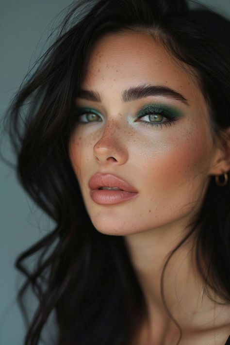 Smokey Eye On Green Eyes, Makeup For Dark Hair And Green Eyes, Brunette Hair Makeup Looks, Makeup Circle Face, Elphaba Makeup Subtle, Make Up For Green Dress Wedding, Green Wedding Makeup Looks, Olive Green Dress Makeup Ideas, Green Eyeshadow Blue Eyes