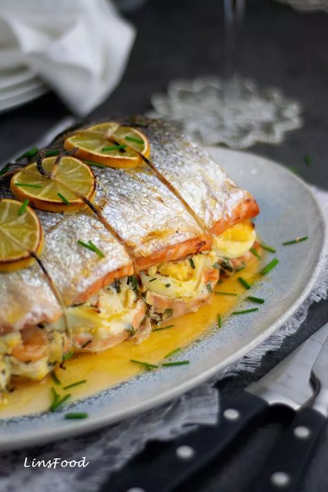 Three-Fish Roast Fish Recipes For Christmas Eve, Whole Salmon Recipe, Salmon Sides, Roasted Fish, Lemon Butter Salmon, Smoked Haddock, Roast Fish, Lemon Salmon, Fish Pie