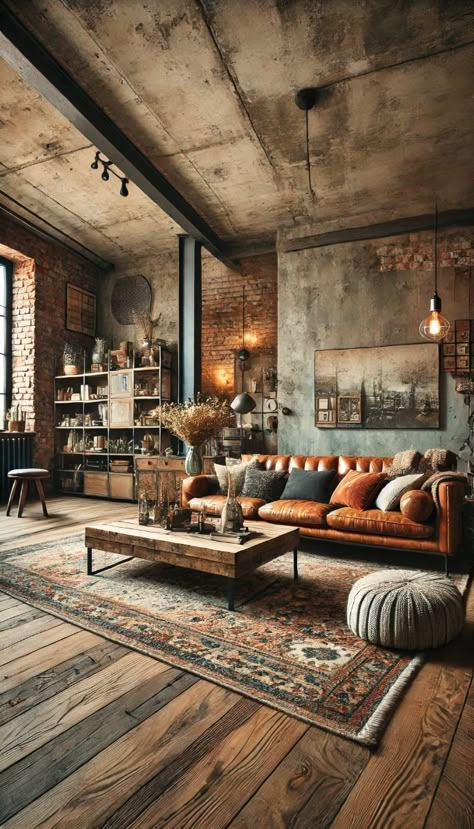 BARBARAPPA Industrial Country Home, Farmhouse Brick Interior, Barndominium Interior Open Floor Rustic, Industrial Barndominium Interior, Concrete Floor Apartment, Living Room Barndominium, Industrial Barndominium, Concrete And Wood Interior, Wood And Concrete Interior