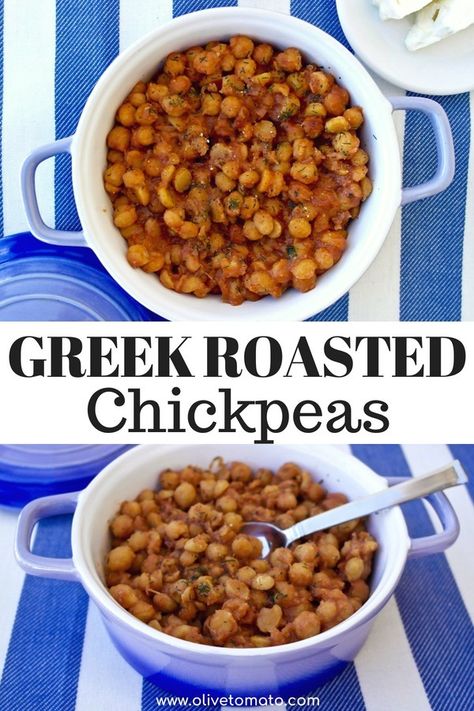 Easy Greek Roasted Chickpeas Simple Baked Beans Recipe, Olive Tomato, Greek Kitchen, Flavored Nuts, Mediterranean Foods, Açaí Bowls, Chickpeas Recipe, Greek Foods, Greek Chickpeas