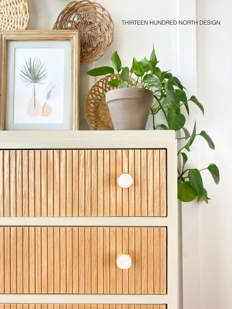 Modern Diy Dresser, Boho Dresser Refurbish, Dowel Rod Furniture Dresser, Wood Dowel Dresser, Midcentury Modern Dresser Diy, Mid Century Dressers, Refinish Mid Century Dresser, How To Makeover A Dresser, Pole Wrap Drawer Fronts