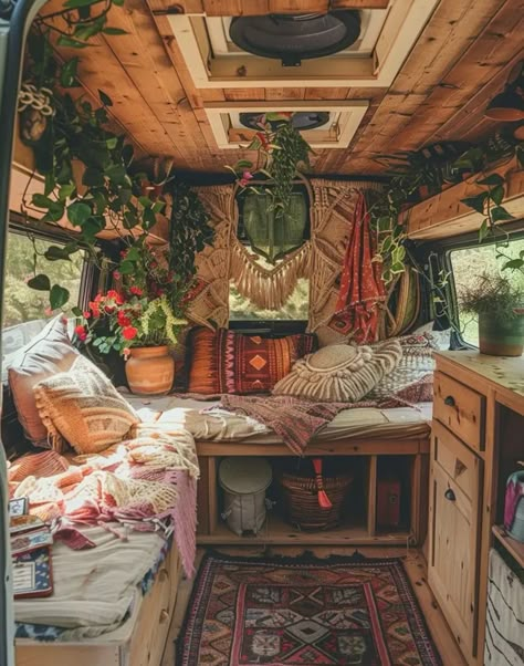 Boho Skoolie Interior, Tiny Camper Interior, Boho Rv Interior, Boho Tiny House, Boho Hippie Home, Boho Apartments, Airstream Remodel, Bus Living, Caravan Interior