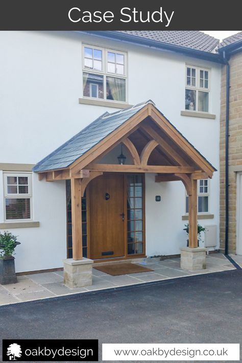 The size and design of this gorgeous oak porch has given our clients lovely home a very warm welcome  #oakbydesign #oakporch #porch #2postporch #bespokedesign #madeinyorkshire Oak Porch Ideas, Oak Porches, Porch Oak, Oak Porch, Door With Sidelights, Gable Window, Engineered Oak Flooring, Kerb Appeal, Oak Door