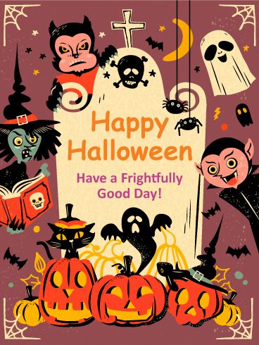 Frightfully Good Day Vintage Halloween Card Old Fashioned Halloween, Vintage Halloween Cards, Halloween Playlist, Uhyggelig Halloween, Dulces Halloween, Photo Halloween, Halloween Illustrations, Poster Halloween, Halloween Printables Free