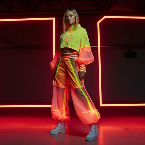 Co-ord set, concepted in Midjourney Neon Fashion Aesthetic, Neon Outfits Party Night, Cyberpunk Style Outfit, Plus Size Rave Outfits, Rave Outfits Ideas, Scifi Outfit, Futuristic Costume, Plus Size Rave, Stylish Business Outfits