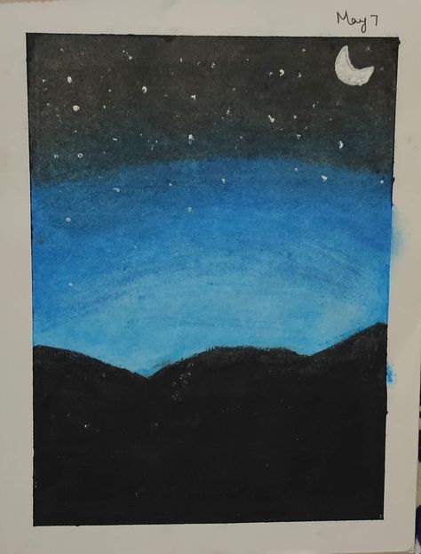 Oil Pastel Drawings Easy For Beginners, Night Sky Drawing Easy, Oil Pastel Night Sky, Sky Drawing Easy, Night Oil Pastel, Sky Oil Pastel, Oil Pastel Ideas, Oil Pastels Drawings, Night Sky Drawing