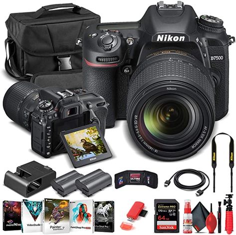 Amazon.com : Nikon D7500 DSLR Camera with 18-140mm Lens (1582) + 64GB Memory Card + Case + Corel Photo Software + EN-EL 15 Battery + Card Reader + HDMI Cable + Cleaning Set + Flex Tripod + Memory Wallet (Renewed) : Electronics Nikon D7500, Cheap Cameras, Best Dslr, Photo Software, Vr Lens, Nikon Dslr, Camera Shop, Camera Nikon, Wide Angle Lens