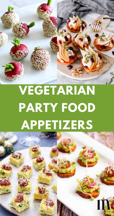 Discover easy finger foods and delicious vegetarian appetizers perfect for any gathering! Dive into snacks, veggies, and party nibbles in this article. Save this pin to your party board and get inspired by 50+ vegetarian party snacks. Cheap Healthy Party Food, Party Snacks For Adults Vegetarian, Easy Party Appetizers Vegetarian, Appetizers And Finger Foods, Easy Appetizers Veggie, Appetizers Without Meat, Easy Healthy Finger Foods For Party, Party Starters Vegetarian, Small Bites Appetizers Vegetarian