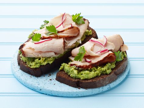 Turkey Avocado Open-Faced Sandwich Crumbled Goat Cheese, Turkey Avocado, Creamy Guacamole, Open Sandwich, Turkey Sandwich, Open Faced Sandwich, Sandwich Ingredients, Sliced Turkey, Open Face