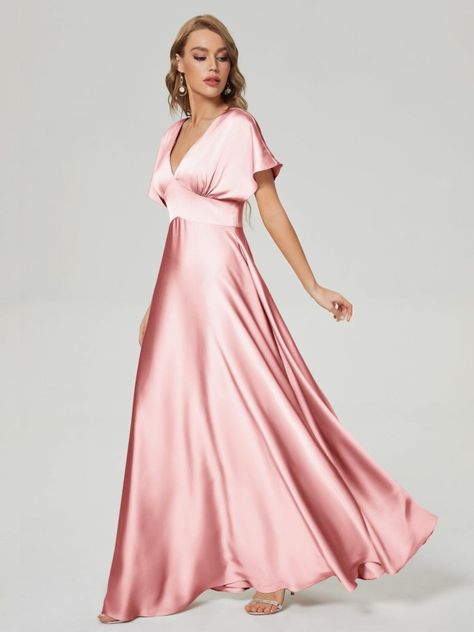 Silky and shiny on Tumblr Modest Red Carpet, Pink Bridesmaid Dresses With Sleeves, Satin Bridesmaid Dresses With Sleeves, Pink Modest Bridesmaid Dresses, Pink Satin Bridesmaid, Satin Wedding Guest Dress, Bridesmaids Dresses With Sleeves, Wedding Goodies, Damas Dresses