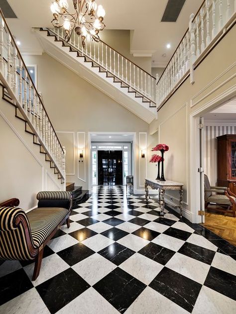 Georgian Entryway Painted in Wattyl Tennessee Dawn Entryway Paint, Black Marble Tile, Checkerboard Floor, Small Entryways, Tile Mosaic, Nero Marquina, Interior Remodel, Foyer Design, Black And White Tiles