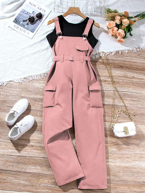 Pink Casual Collar   Colorblock,Plain  Embellished Non-Stretch,Slight Stretch  Tween Girls Clothing Cute Outfits For 9yrs, Clothes 12-13, Two Set Outfits, Casual Outfits For Girls, Workwear Overalls, Outfits Simple, Modest Casual Outfits, Casual Outfits For Teens, Fashion Top Outfits