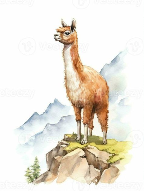 there is a llama standing on a rock in the mountains. generative ai. Llama Sketch, Alpaca Painting, Alpaca Drawing, Llama Illustration, Llama Painting, Vector Snowflake, Llama Arts, Vbs 2024, Dog Painting