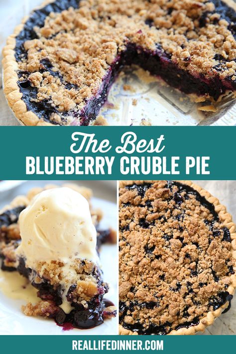 Pinterest collage for the best blueberry crumble pie, three pictures of the pie separated by the title of the recipe Blueberry Crumble Pie With Frozen Blueberries, Blueberry Pie Streusel Topping, Blueberry Crisp Pie, Single Crust Blueberry Pie, Blueberry Pie Recipe Homemade, Blueberry Pie No Top Crust, Pie Blueberry Recipe, Pie Recipes Blueberry, Blueberry Streusel Pie Recipe