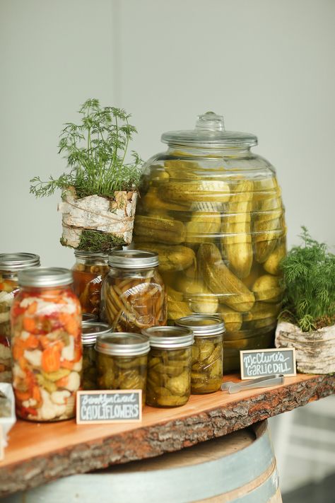 "One of my favorite parts of the wedding was a special request that I made based on my favorite food: a pickle bar," Lauren says. "It included seven varieties of pickles, which our caterer placed in various jars and barrels. We used mini chalkboards to write where each of the pickles were from—all local Brooklyn vendors. We decorated it with dill plants inside birch holders. Wedding Buffet Menu, Wedding Food Stations, Reception Bar, Bbq Menu, Gourmet Breakfast, Reception Food, Wedding Reception Food, Wedding Buffet, Wedding Countdown