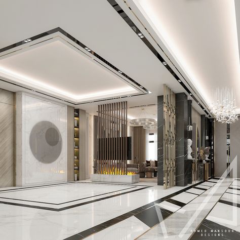 Ground floor Lobby design with Neo-classic style on Behance Floor Lobby Design, House Lobby Interior Design, Lobby Ceiling Design Modern, Lobby Ceiling Design, Classical Ceiling Design, Tv Lounge Design, Gandhi Ji, Modern Lobby, Create Board