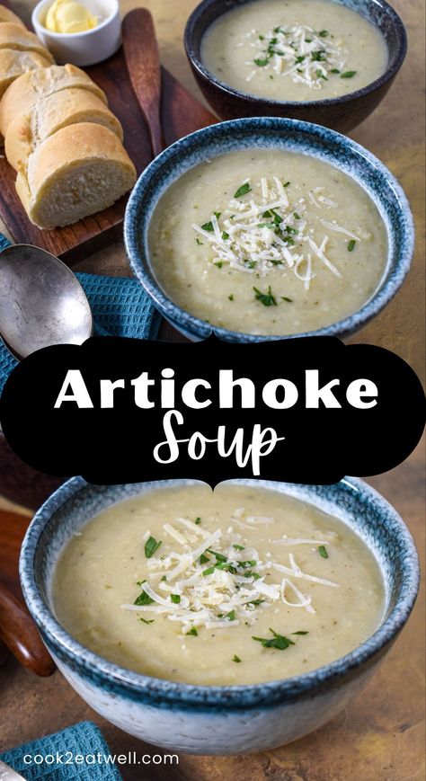 Cream Of Artichoke Soup Recipes, Artichoke Soup Recipes Healthy, Creamy Artichoke Soup, Stuffed Artichoke Soup, Jar Artichoke Recipes, Artichoke Soup Recipes, Artichoke Chicken Soup, Chicken Artichoke Soup, Canned Artichoke Recipes