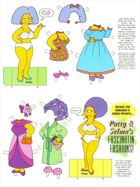 Printable Doll Dress Up, Patty And Selma Tattoo, Patty And Selma, Selma Bouvier, Custom Paper Dolls, Bootleg Bart, Doll Printables, Wallis Simpson, Simpsons Characters