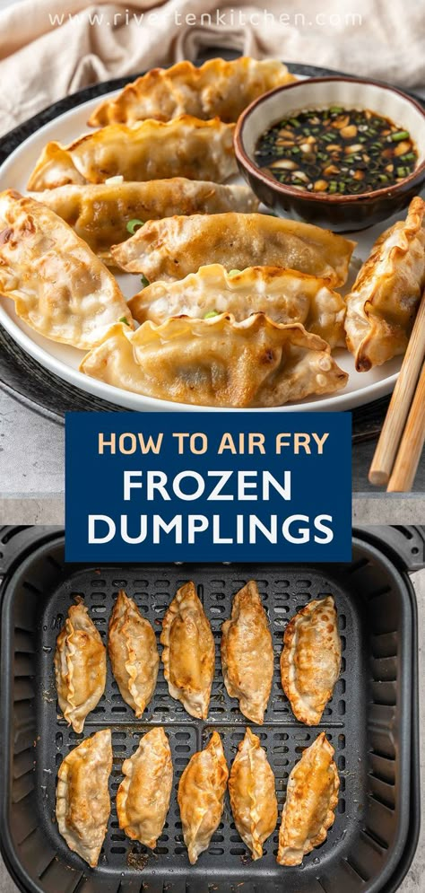 Frozen Dumplings fried in an air fryer Frozen Potstickers, Potstickers Recipe, New Air Fryer Recipes, Air Fryer Recipes Snacks, Frozen Dumplings, Air Fryer Cooking Times, Cooks Air Fryer, Air Fried Food, Air Fryer Oven Recipes