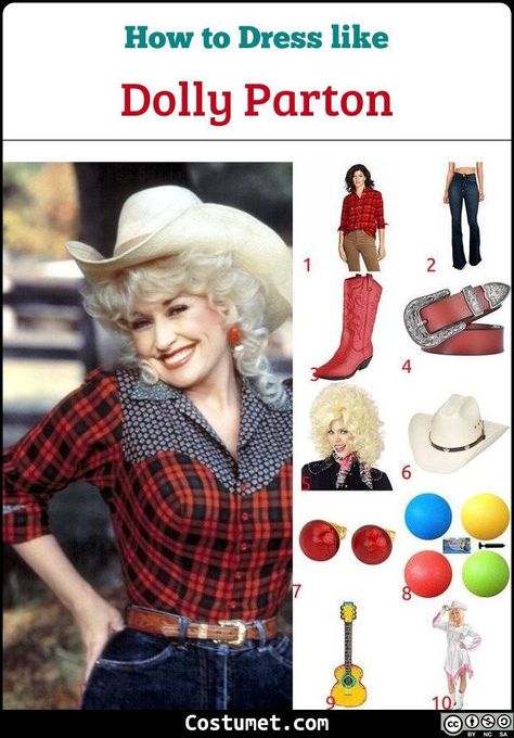 Dolly Parton costume is a plaid country styled shirt, bootcut jeans, a cowboy hat and belt, button earrings, and cowboy boots.           #Female #icon #female #musician #cowgirl #western #actress #personality #pop Dolly Parton 80s Costume, Dolly Parton Cowboy Hat, Dolly Parton Outfits Costumes, Female Musician Costume Ideas, Dolly Parton Halloween Costume, Dolly Parton Halloween, Dolly Parton Children, Country Costume, Dolly Parton Costume