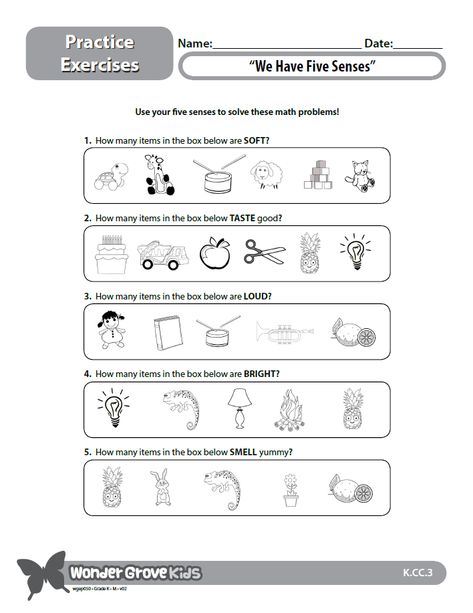 Your kindergarteners will have a fun time using their five senses and counting with this WonderGrove Social Skills math worksheet! Deepen the learning with the "We Have Five Senses" animated story.  You can access a language exercise, fluency passage, printable book, lesson plan, and more connected to this video on our website. Kindergarten Counting, Animated Story, Fluency Passages, 5 Senses, Five Senses, Printable Books, Mlp Equestria Girls, Preschool Learning Activities, Math Worksheet