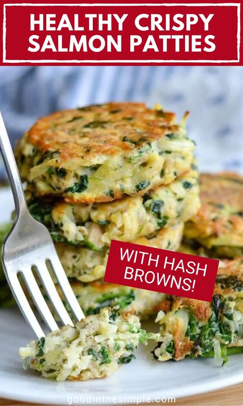 Healthy salmon patties made from canned salmon, hash browns, and spinach. Easy Salmon Patties, Best Salmon Patties, Canned Salmon Patties, Summer Lunch Recipes, Salmon Breakfast, Canned Salmon Recipes, Crispy Salmon, Pre Made Meals, Frozen Hashbrowns