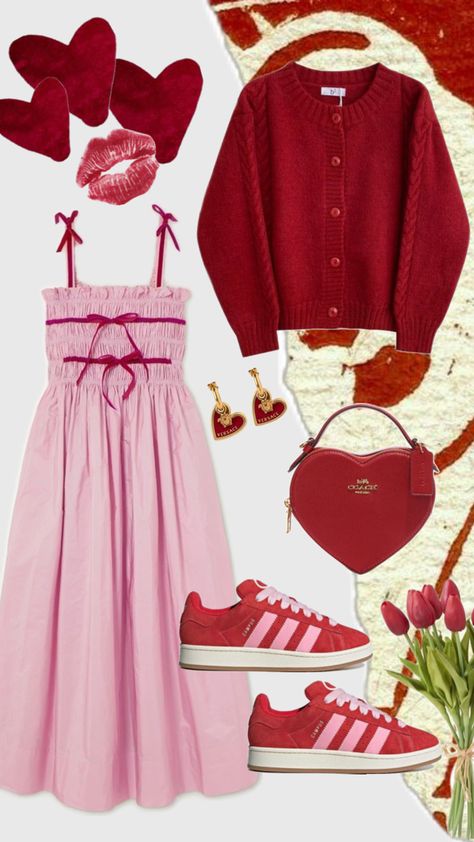 pink and red outfit hearts Pink Red And White Outfit, Pink Red Outfit Aesthetic, Red And Pink Outfit Ideas, Pink And Red Dress Outfit, Heartcore Outfit, Pink And Red Aesthetic Outfit, Valentine’s Outfit, Pink And Red Outfit Aesthetic, Love Core Aesthetic Outfits