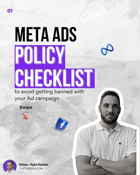 Stefano | Facebook Ads expert | Social Media Marketing on Instagram: "Are you aware of the latest Meta ads policy checklist? 🤔⁣ ⁣ As a marketer or advertiser, it's important to ensure that your ads comply with Meta's policies to avoid any disruptions or disapproval.❌✔️⁣ ⁣ To make things easier for you, Meta has provided a checklist that covers all the essential policies that your ads should comply with. From ad content to targeting and landing pages, this checklist ensures that your ads meet th Meta Ads Design, Facebook Ads Targeting, Meta Ads, Ads Campaign, Digital Marketing Trends, Marketing On Instagram, Advertising Strategies, Facebook Advertising, Landing Pages